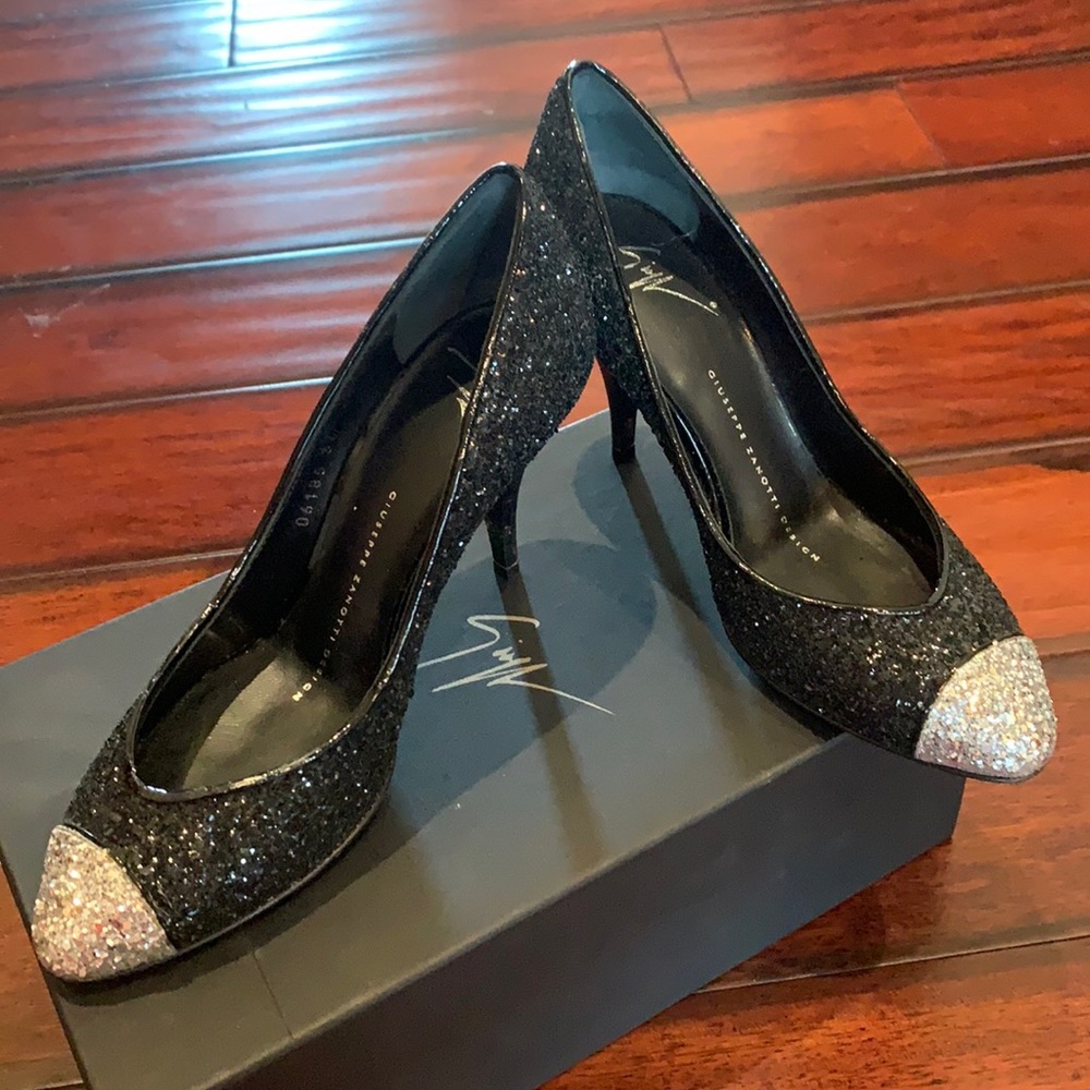 Silver and black sparkly heels